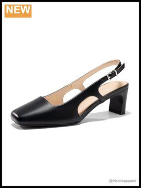 Slingback Chunky Low Heel Closed Square Toe Pumps Faux Leather Dress Shoes